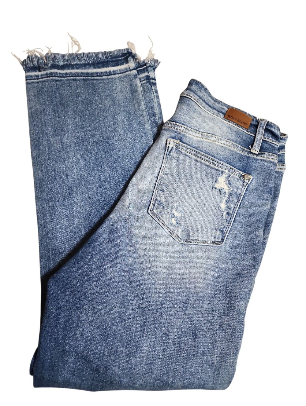 Judy Blue Mediumwash Raw Hem Distressed Straight‎ Fit Denim Jean JB82436 9/29